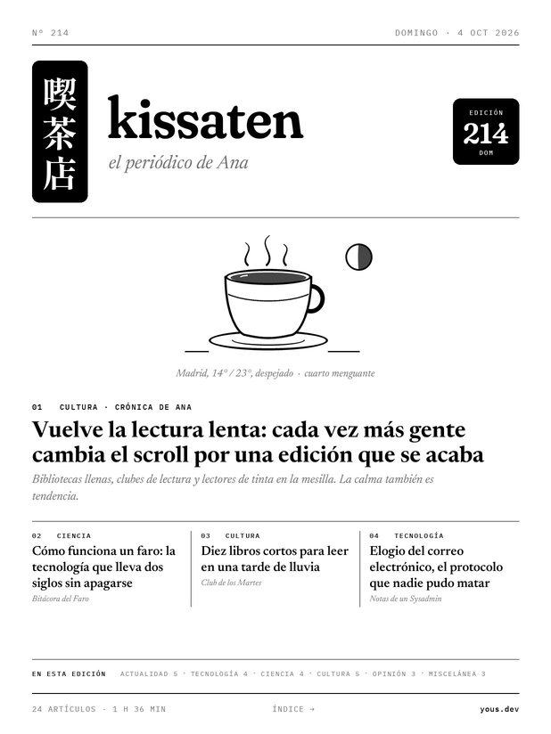 Portada de ejemplo de kissaten: 喫茶店 en grande, una taza de café con la luna de esa noche y los titulares numerados